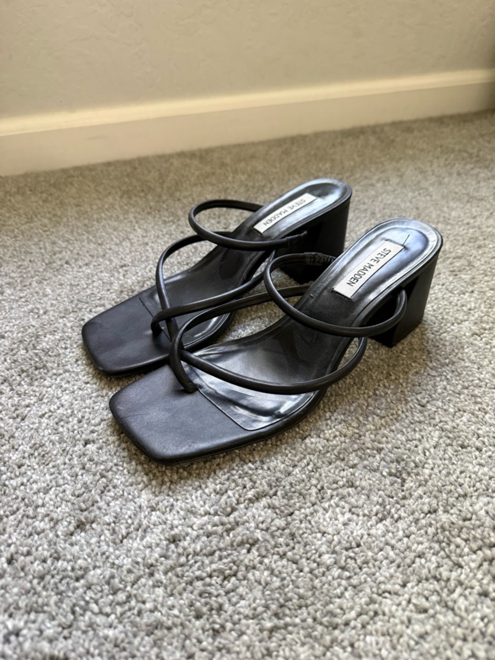 Steve Madden Black Strappy Square-Toe Block Heel Sandals